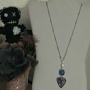 Silver Guitar Pick on Blue Jelly Opal Rhinestone Drop on Stainless Bar Chain
